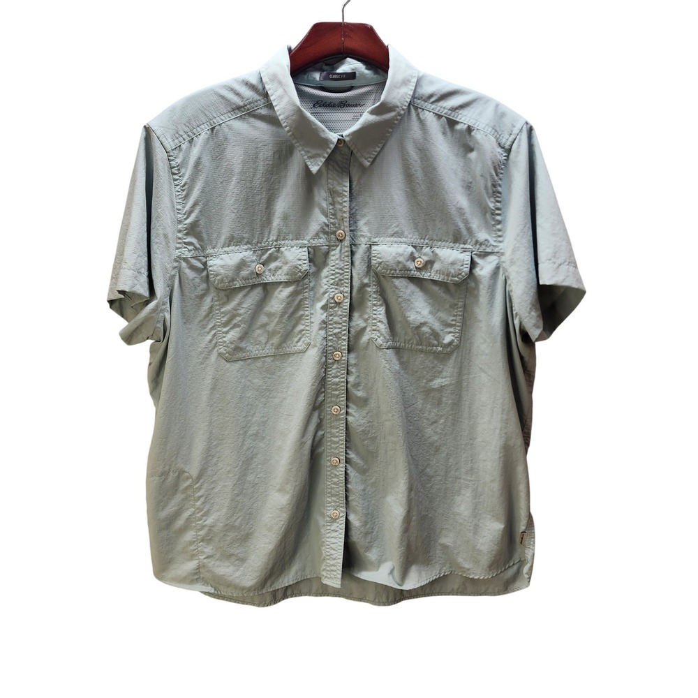 Eddie Bauer Women XL Sage Green Short Sleeve Ripstop Hiking Shirt Classic Fit